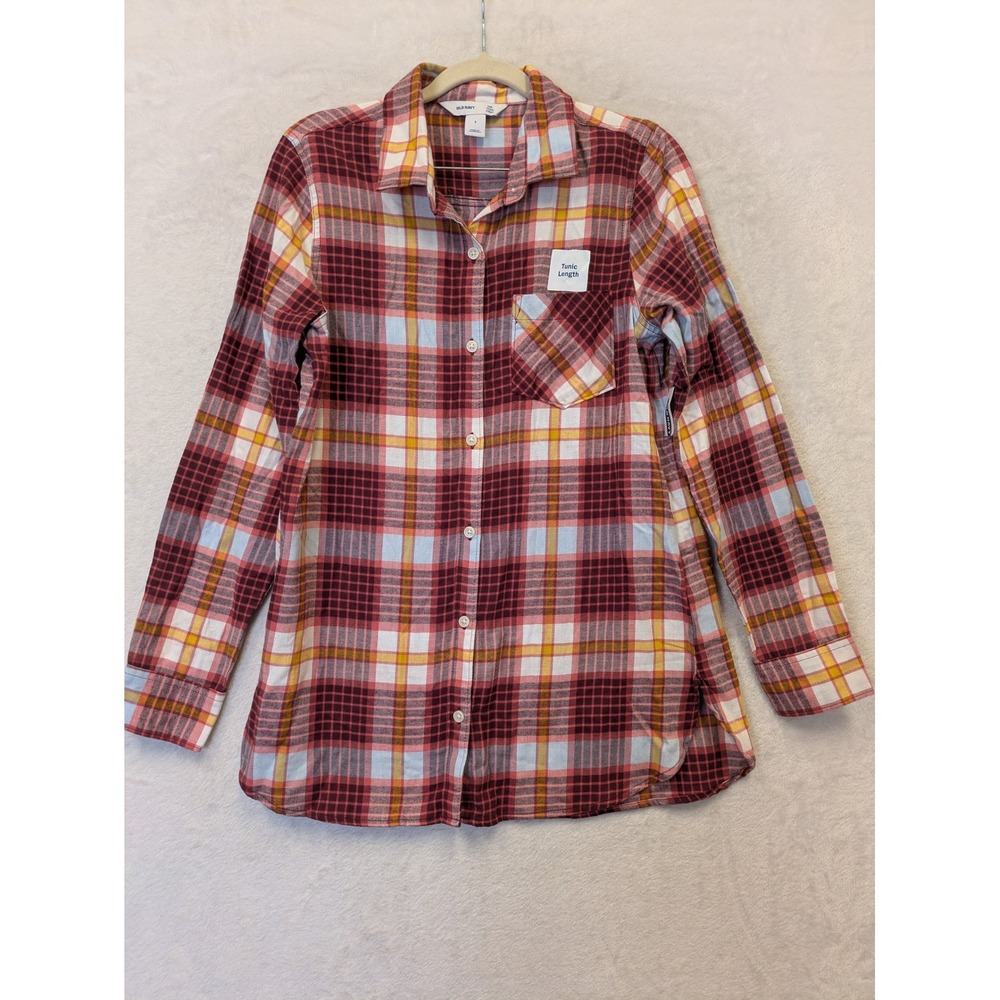 Old Navy Womens Plaid Tunic Shirt Button Up Long Sleeve Red Yellow Blue Size S